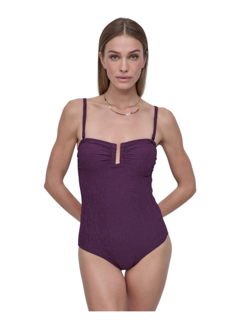NEW DKNY Shirred One-Piece Swimsuit Textured DIMMS605 Port Textured Purple M